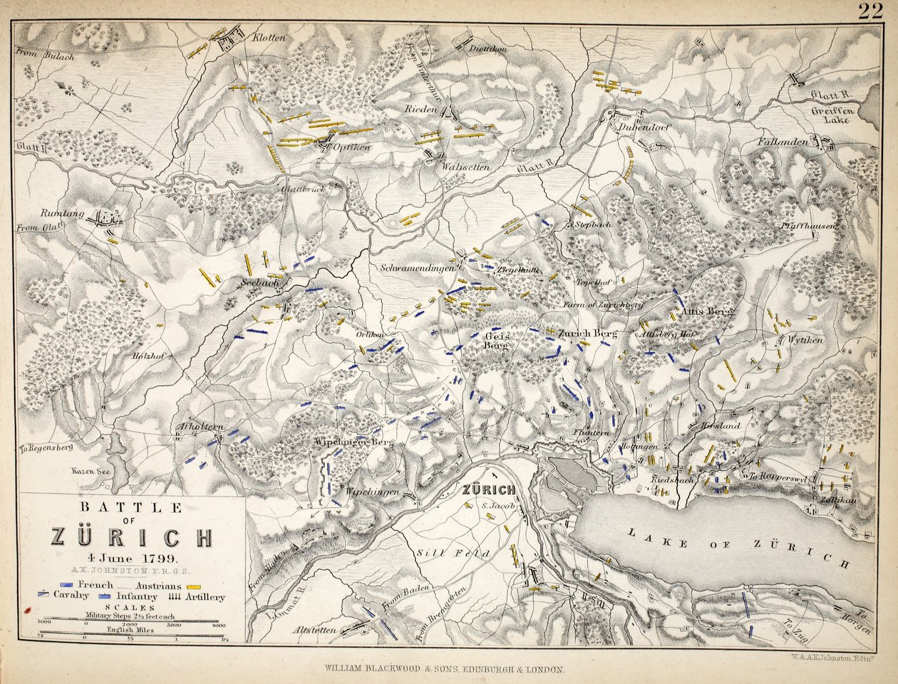 Karta över slaget vid Zürich, publicerad av William Blackwood and Sons, Edinburgh och London, 1848 (handfärgad gravyr) av Alexander Keith Johnston
