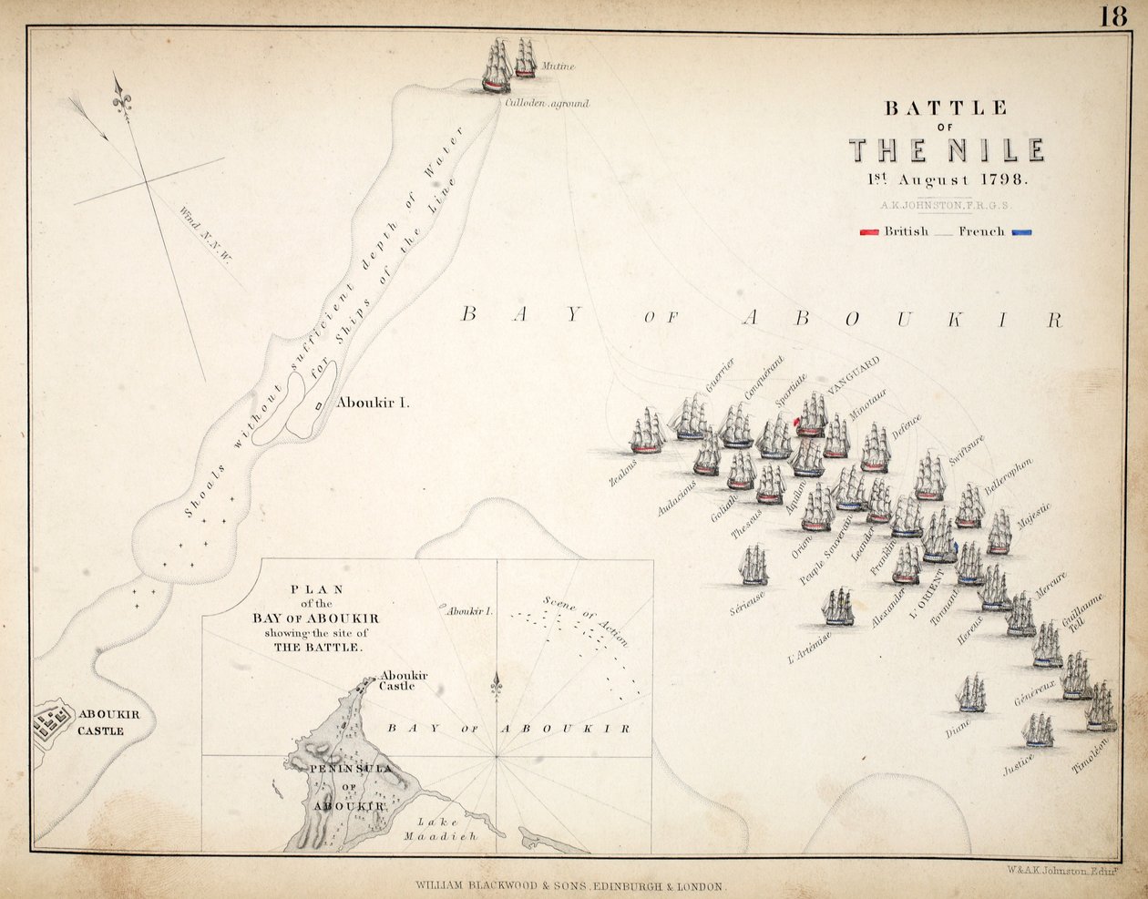 Karta över slaget vid Nilen, publicerad av William Blackwood and Sons, Edinburgh och London, 1848 (handfärgad gravyr) av Alexander Keith Johnston