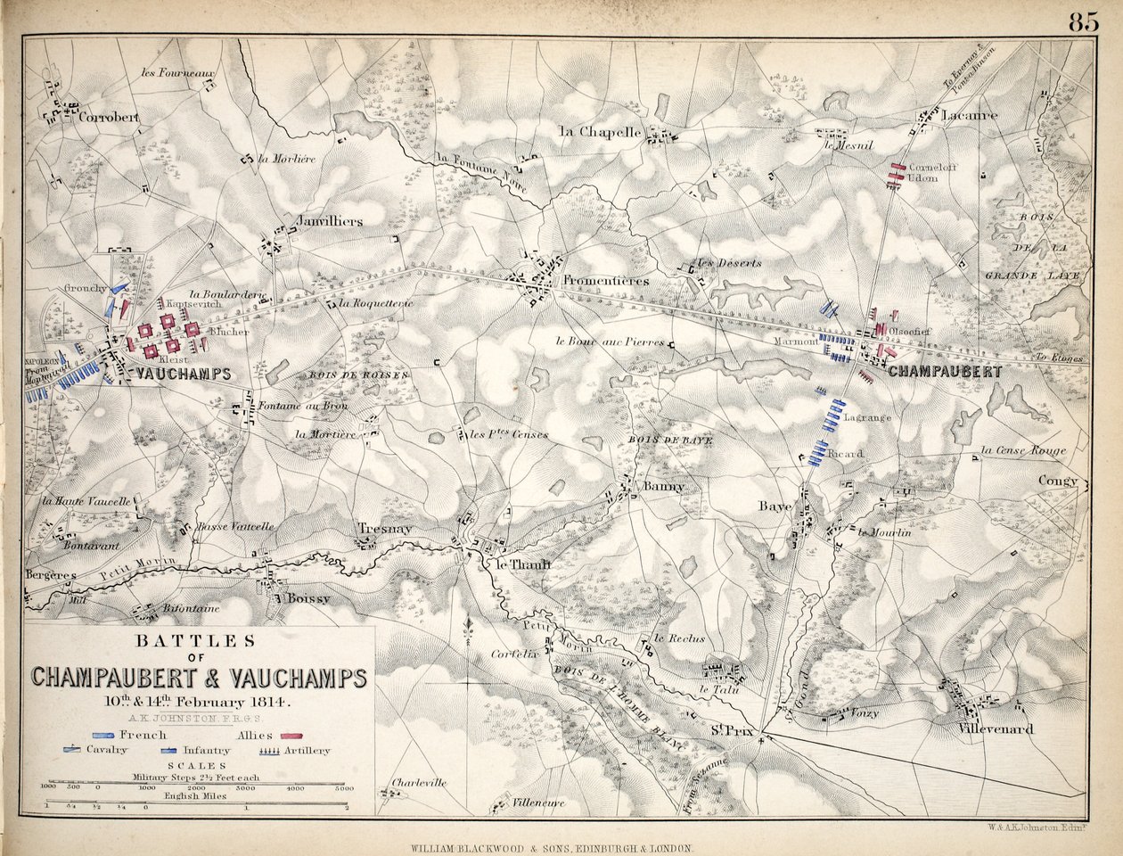 Karta över slagen vid Champaubert och Vauchamps, publicerad av William Blackwood and Sons, Edinburgh och London, 1848 (handfärgad gravyr) av Alexander Keith Johnston