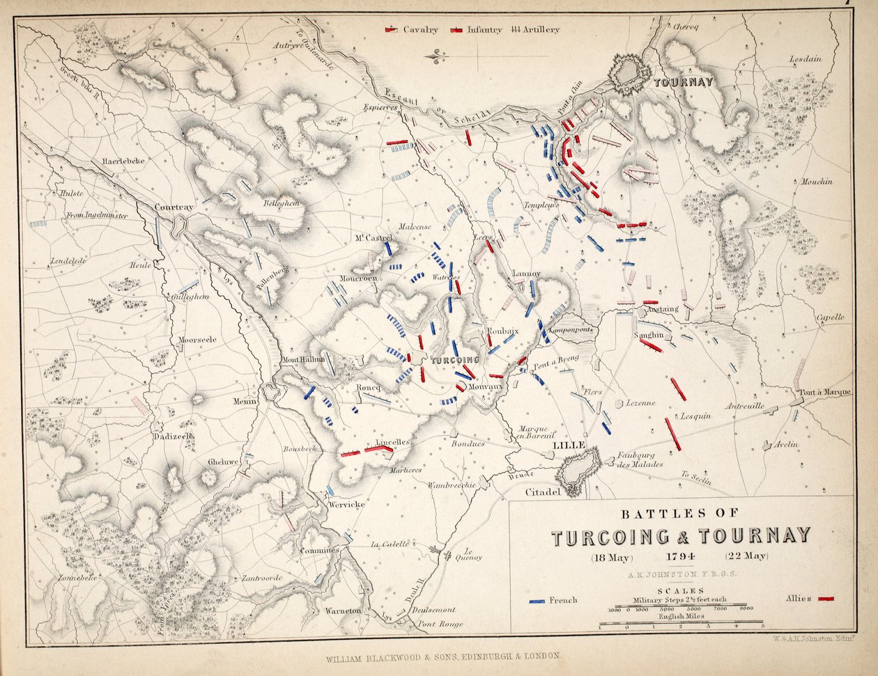 Karta över striderna vid Turcoing und Tournay, publicerad av William Blackwood and Sons, Edinburgh och London, 1848 (handfärgad gravyr) av Alexander Keith Johnston