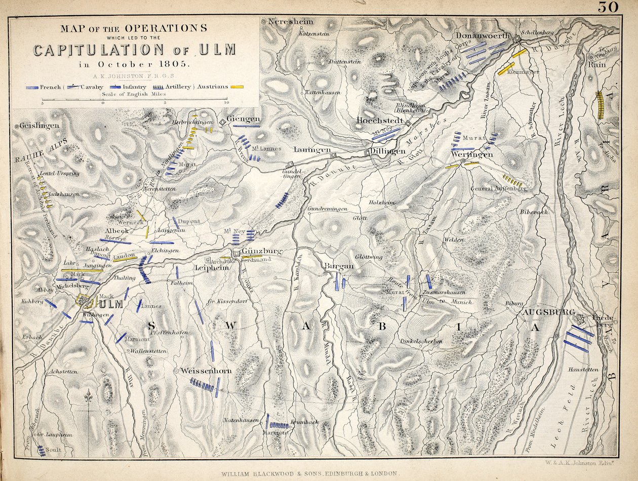 Karta över operationerna som ledde till kapitulationen av Ulm, publicerad av William Blackwood and Sons, Edinburgh och London, 1848 (handfärgad gravyr) av Alexander Keith Johnston