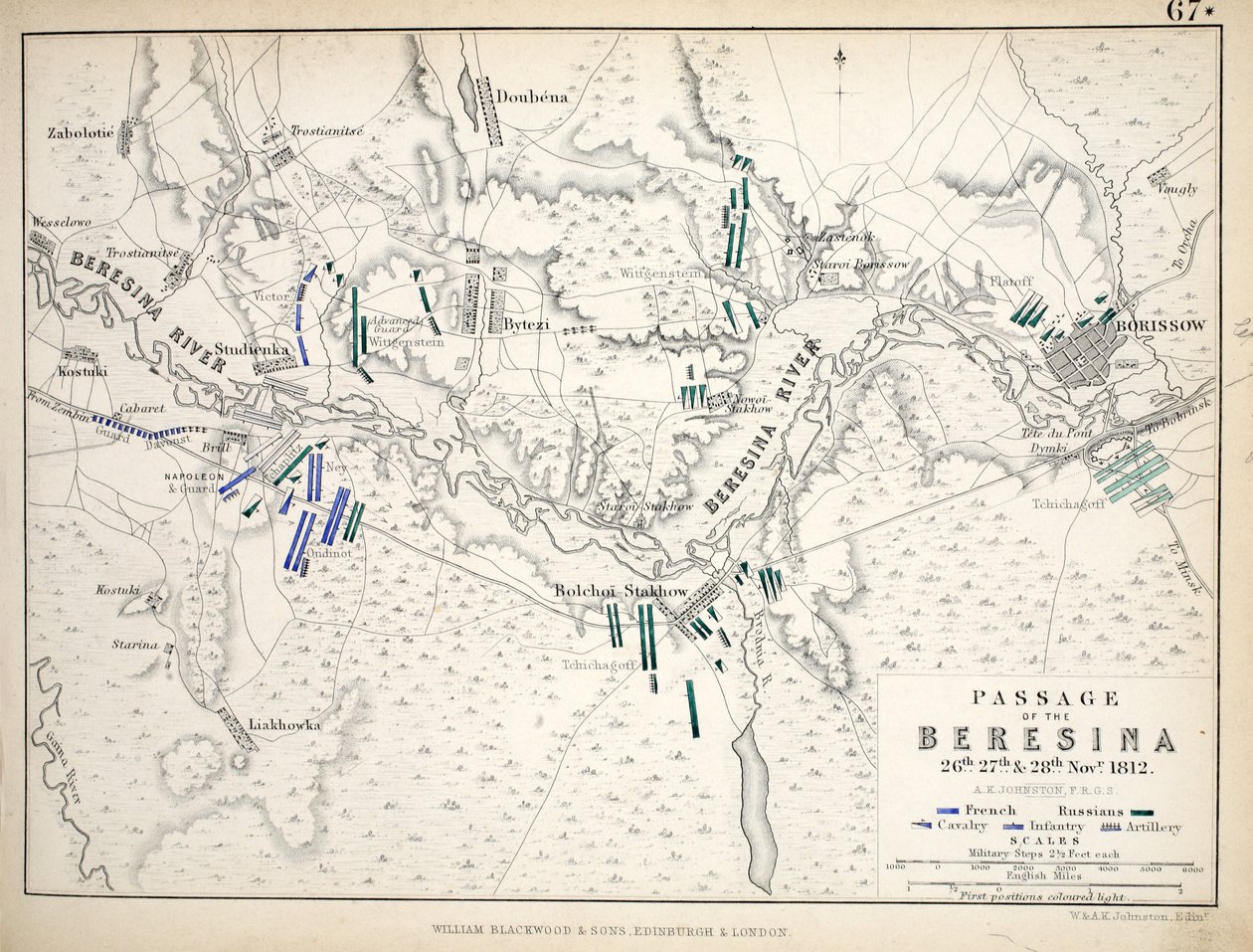 Karta över Passage of the Beresina, publicerad av William Blackwood and Sons, Edinburgh och London, 1848 (handfärgad gravyr) av Alexander Keith Johnston