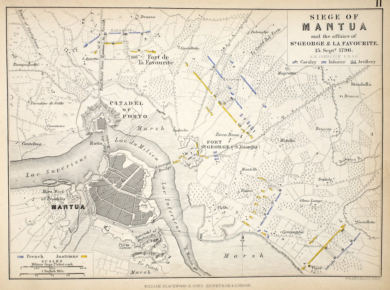 Karta över belägringen av Mantua, publicerad av William Blackwood and Sons, Edinburgh och London, 1848 (handfärgad gravyr) av Alexander Keith Johnston