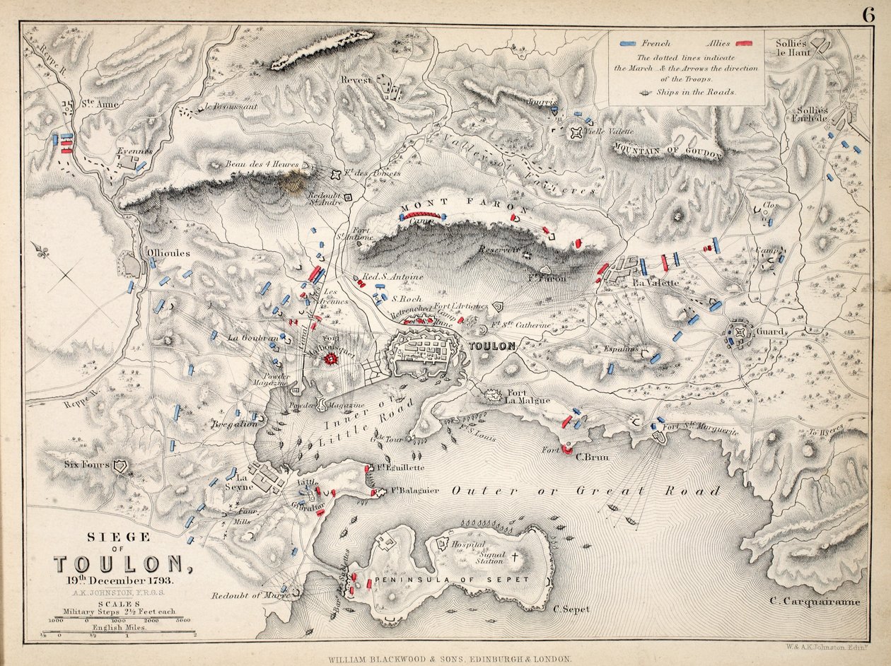 Karta över belägringen av Toulon, utgiven av William Blackwood and Sons, Edinburgh och London, 1848 (handkolorerad gravyr) av Alexander Keith Johnston