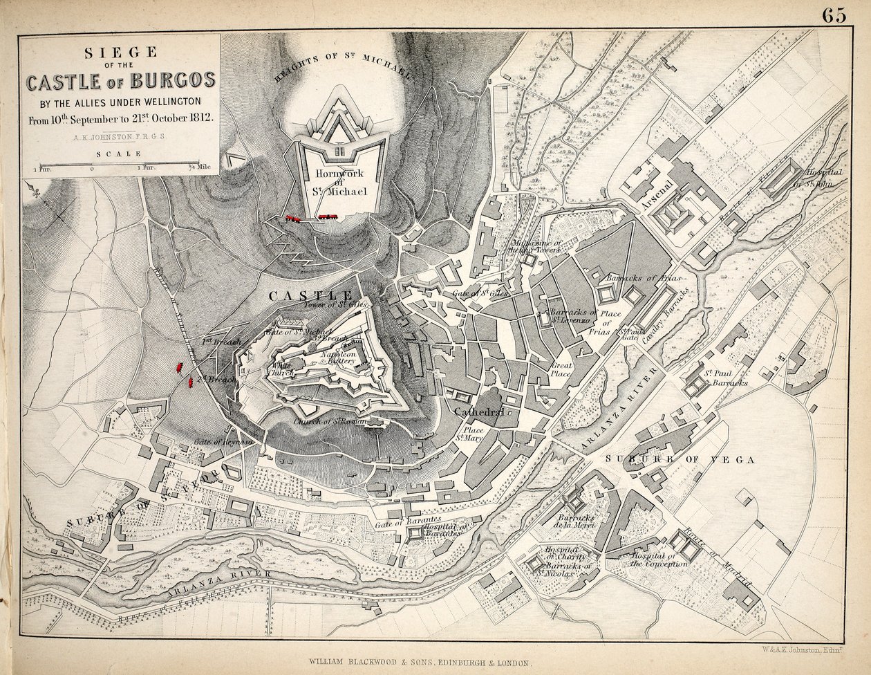 Karta över belägringen av slottet i Burgos, publicerad av William Blackwood and Sons, Edinburgh och London, 1848 (handfärgad gravyr) av Alexander Keith Johnston