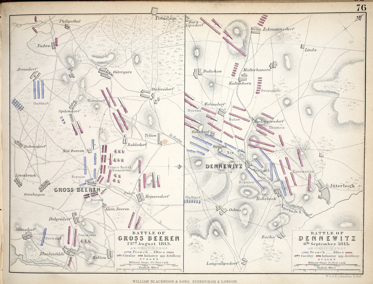 Kartor över slaget vid Gross Beeren och slaget vid Dennewitz, publicerade av William Blackwood and Sons, Edinburgh och London, 1848 (handfärgad gravyr) av Alexander Keith Johnston