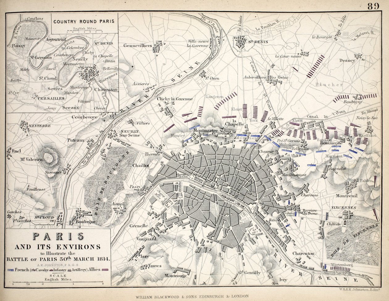 Paris och dess omgivningar, för att illustrera slaget vid Paris, 30 mars 1814, publicerat ca 1830-talet av Alexander Keith Johnston
