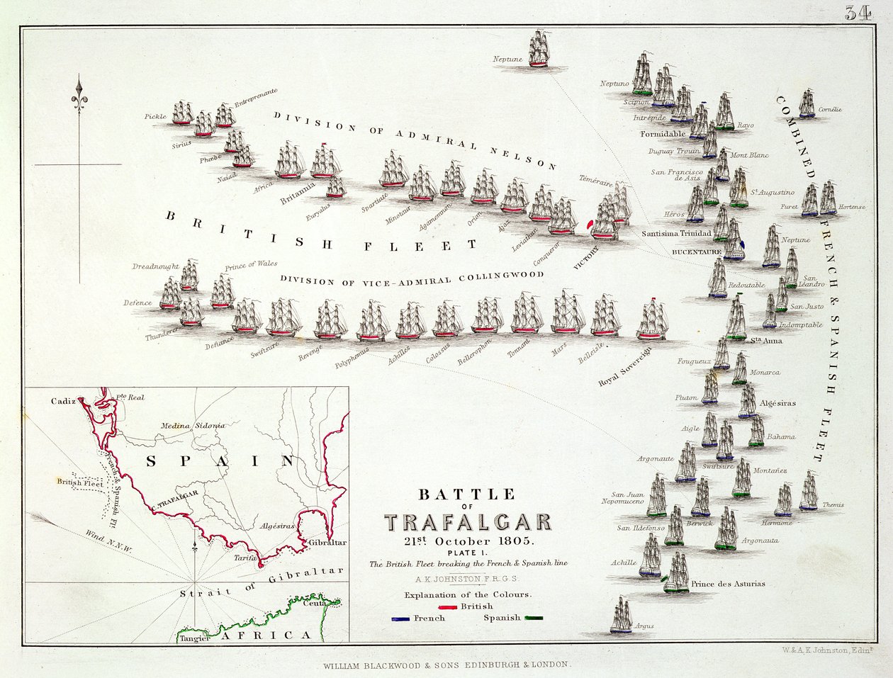 Slaget vid Trafalgar, 21 oktober 1805, britterna bryter den franska och spanska linjen, ca 1830-talet av Alexander Keith Johnston