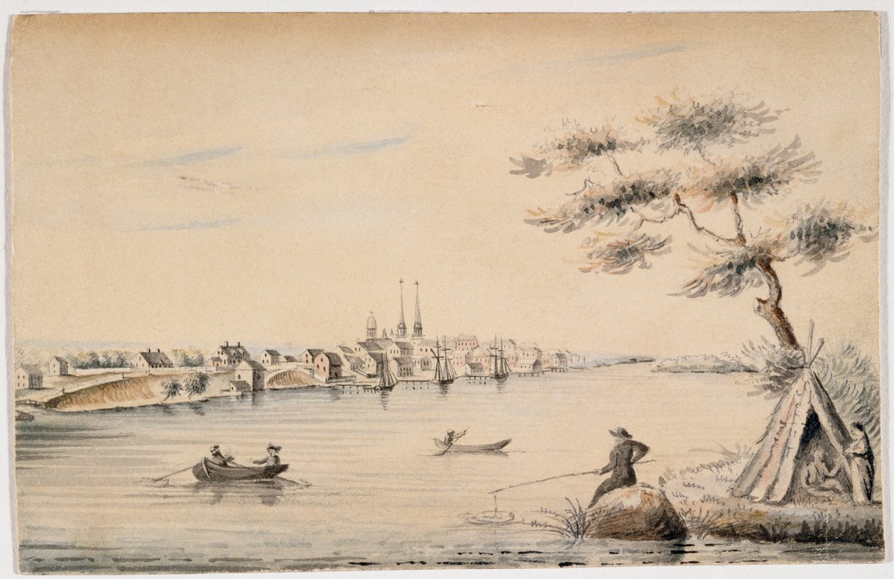 Detroit sett från den kanadensiska kusten 1821 (svart bläck & wc över penna på papper) av Alexander Macomb