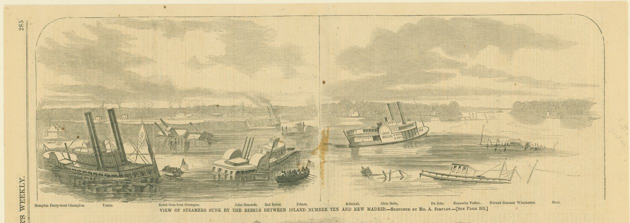 Print of destroyed steamboats with a river island in the background av Alexander Simplot