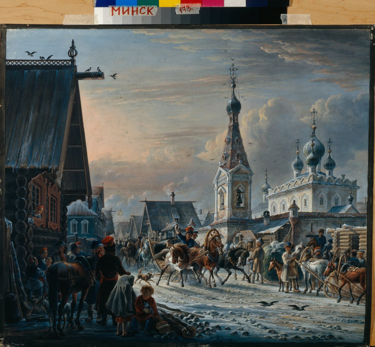 Ryska postslädar (trojka) som cirkulerar på en gata på vintern och hälsar invånarna på väg (Street with Mail Coaches) - Målning av Alexander Osipovich Orlowski (1777-1832) av Alexander Orlowski