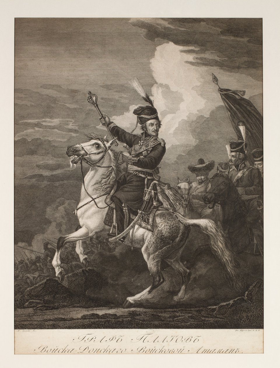 Porträtt av greve Platov (1751-1818) till häst (gravyr) av after Alexander Orlowski