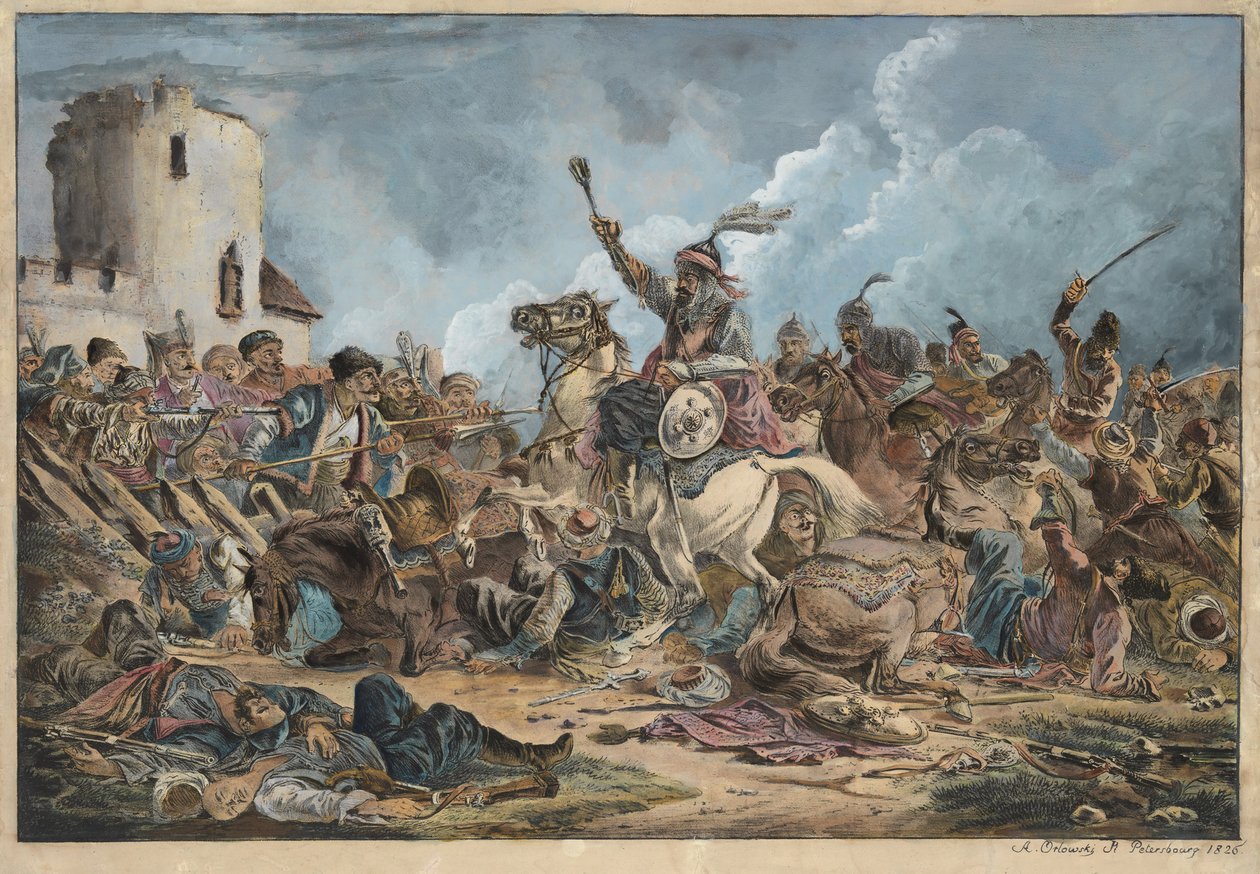 Bataille entre les Georgiens et les tribus de montagne - Slaget mellan georgierna och bergsstammarna - Orlowski (Orlovsky), Alexander Osipovich (1777-1832) - 1826 - Litografi, akvarell - 54x77 - Privat samling av Alexander Orlowski