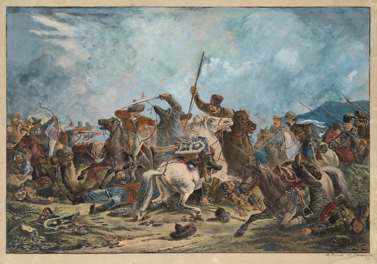 Kirgiser (kirgiser) och kosacker - Slaget mellan kirgiserna och kosackerna - Orlowski (Orlovskij), Alexander Osipovich (1777-1832) - 1826 - Litografi, akvarell - 54x77 - Privat samling av Alexander Orlowski