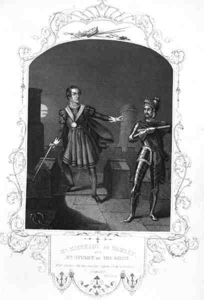 Mr Macready som Hamlet och Mr Stuart som The Ghost, Akt I Scene 5, i Hamlet av William Shakespeare (1564-1616) graverad av George Hollis (1792-1842) (gravyr) av Alexander (after) Reid