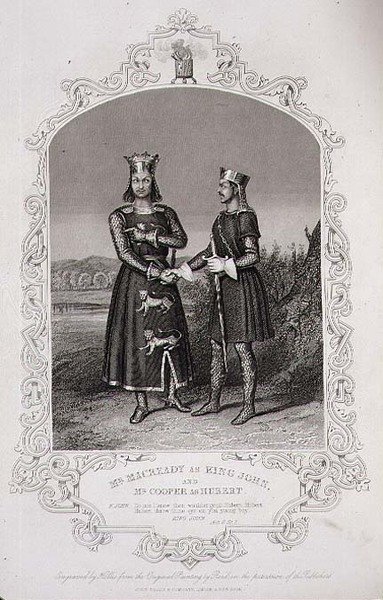 Mr Macready som King John och Mr Cooper som Hubert, akt III scen 3 av "King John", graverad av George Hollis (1792-1842) pub. av John Tallis & Co. (litho) av Alexander (after) Reid