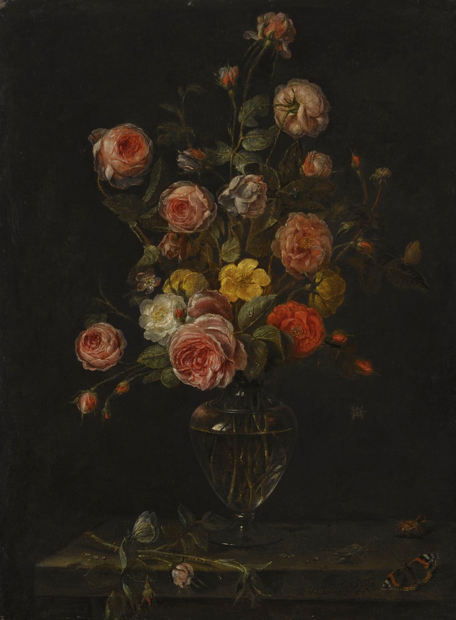 Ett stilleben med röda, vita och rosa rosor i en glasvas över en stenavsats med fjärilar, en gräshoppa och en skalbagge av Alexander Adriaenssen
