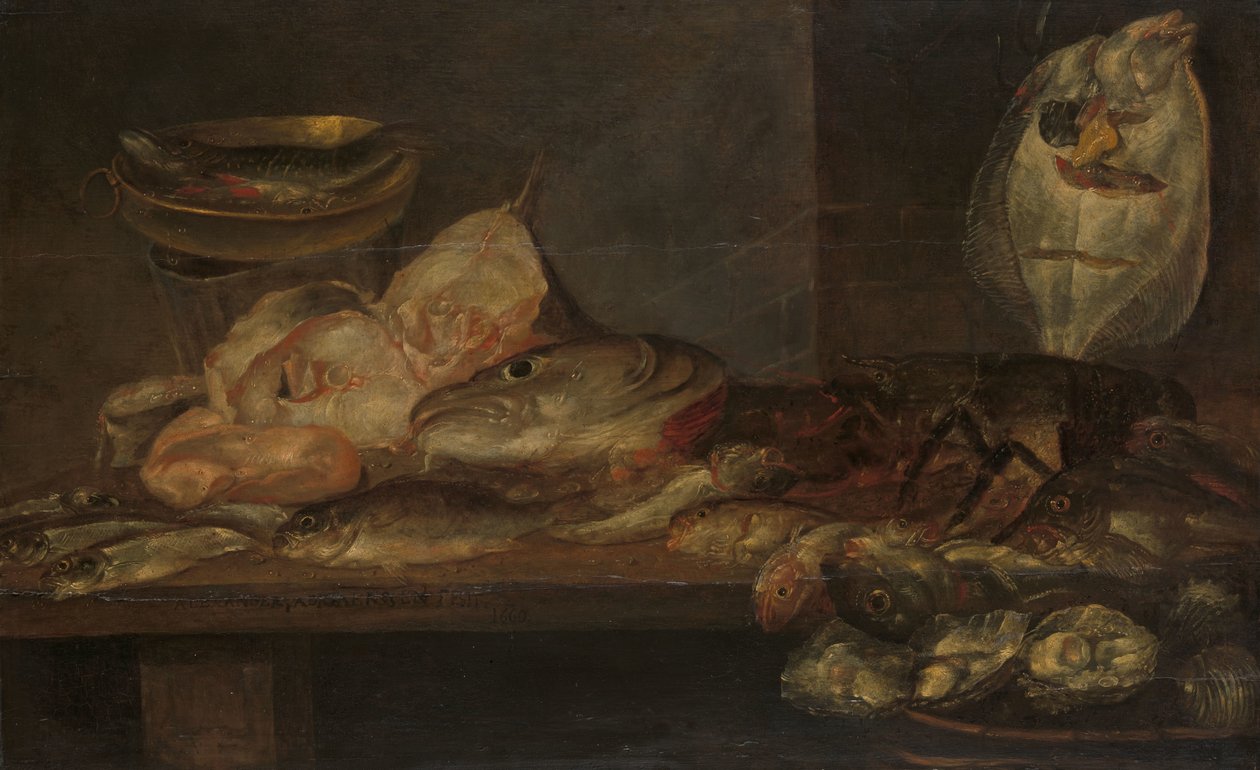 Stilleben med fisk och hummer och ostron på ett bord i närheten av Alexander Adriaenssen