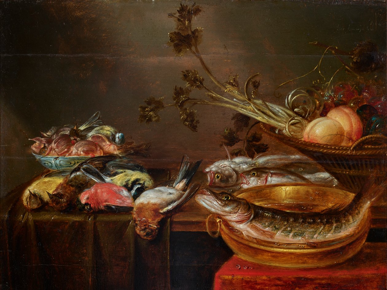 Stilleben med fisk, fåglar och frukt av Alexander Adriaenssen