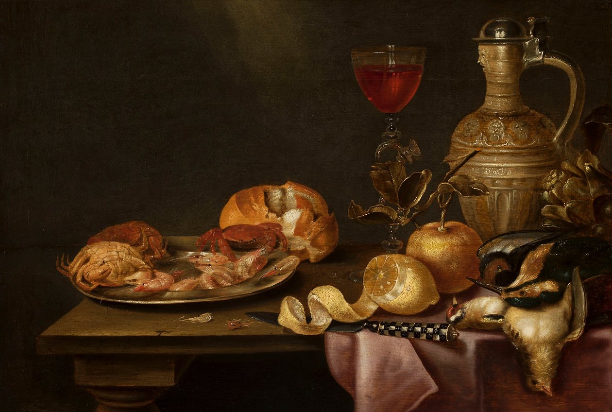 Stilleben med räkor och krabbor på en plåttallrik av Alexander Adriaenssen
