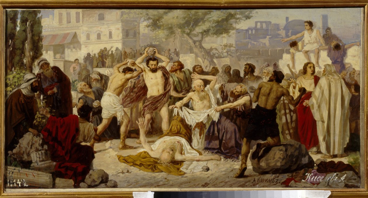 The Stening Of The Judges - Målning av Alexander Alexeyevich Kiselev (1855-efter 1918), olja på duk av Alexander Alexeyevich Kiselev