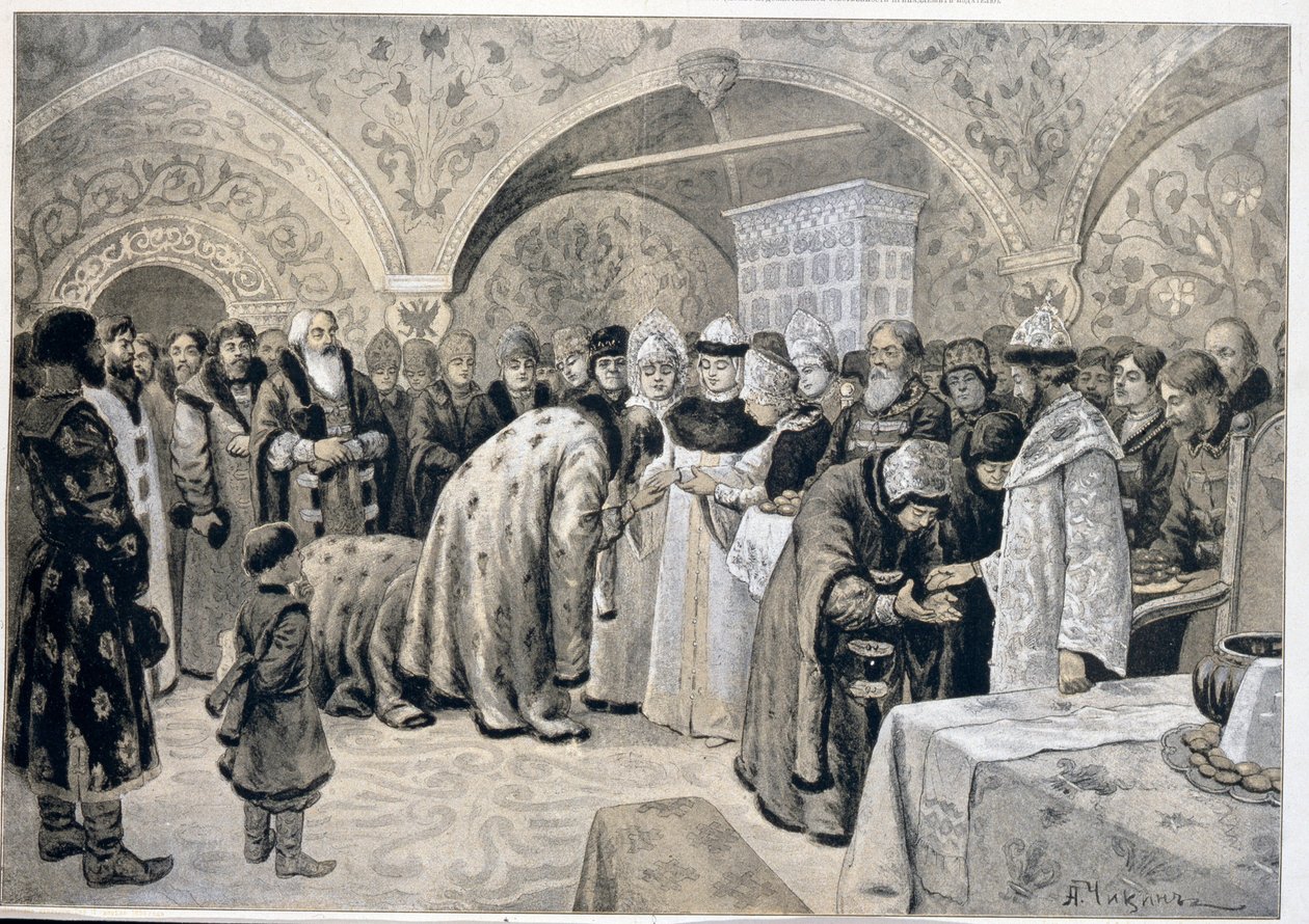 Mottagandet av tsarinan efter påskmatinéerna. Verk av Alexander Andrejevitj Chikin (1865-1924), litografi. rysk konst av Alexander Andreyevich Chikin