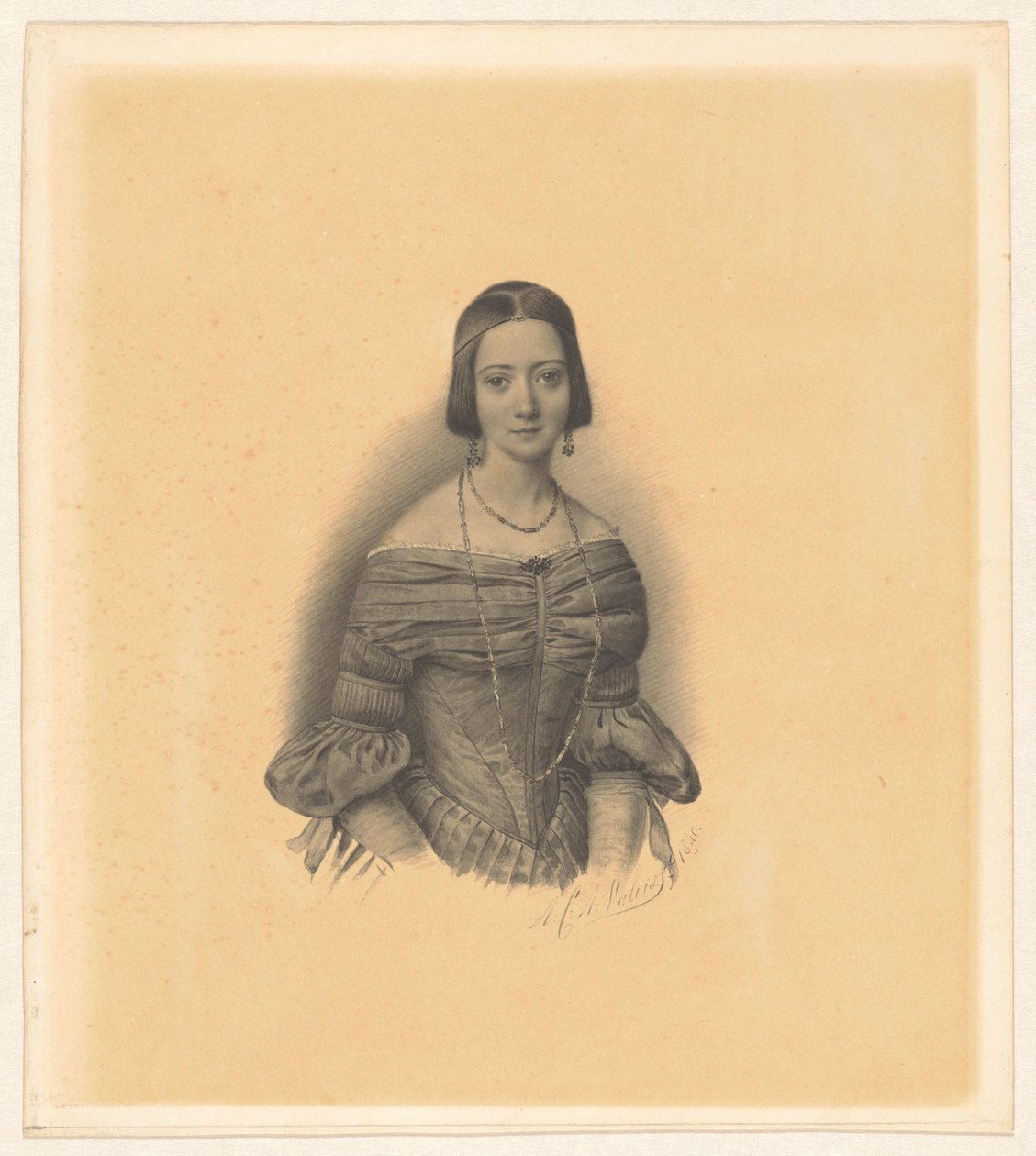 Porträtt av Antoinette Marie Henriette Jeanne Reigersman, fru till Jonkheer Mr Pieter van den Brandeler av Alexander Cesar August Valois (signed by artist)