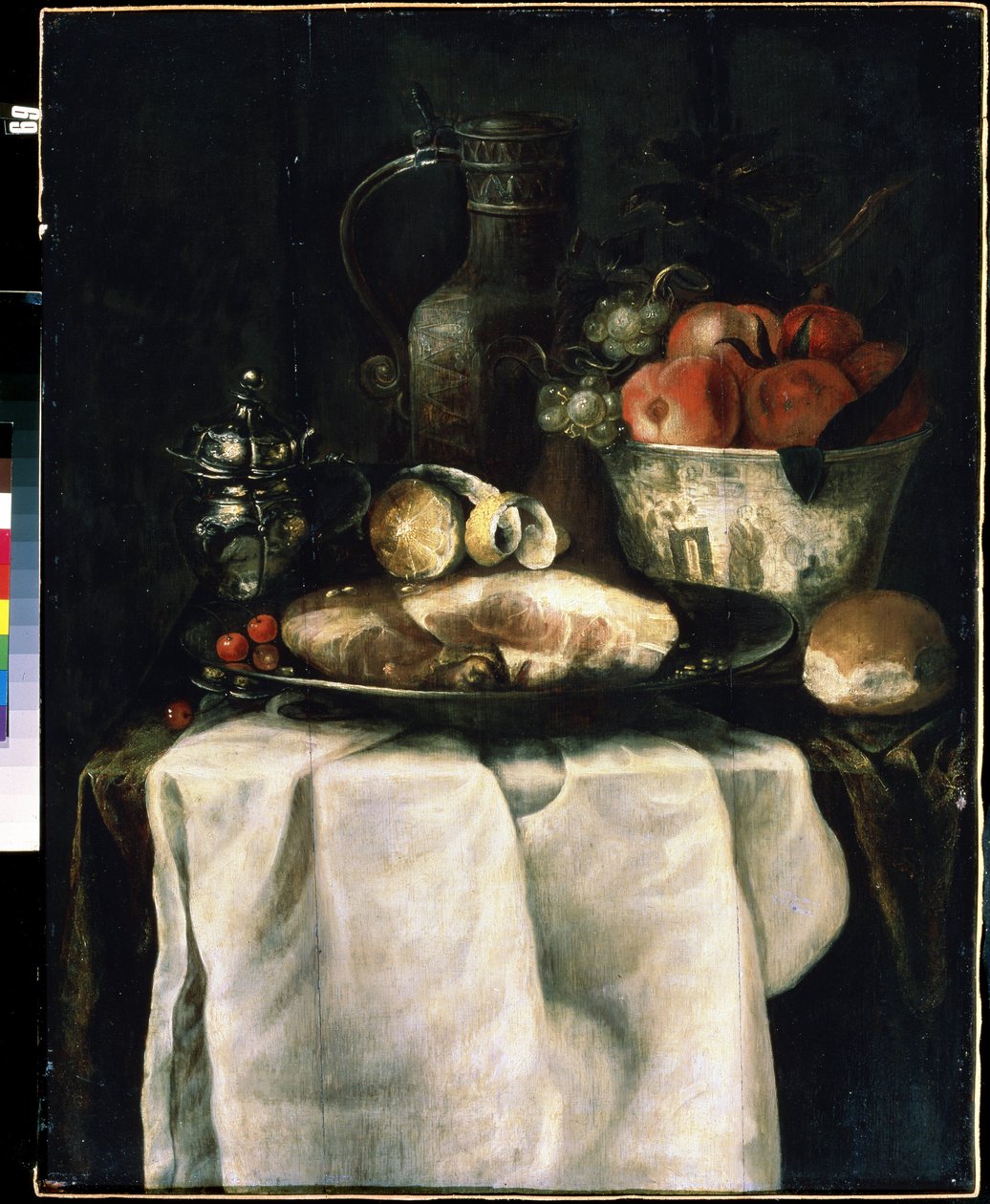 Frukost med skinka (Frukost med skinka). Målning av Alexandre Coosemans (1627-1689) av Alexander Coosemans