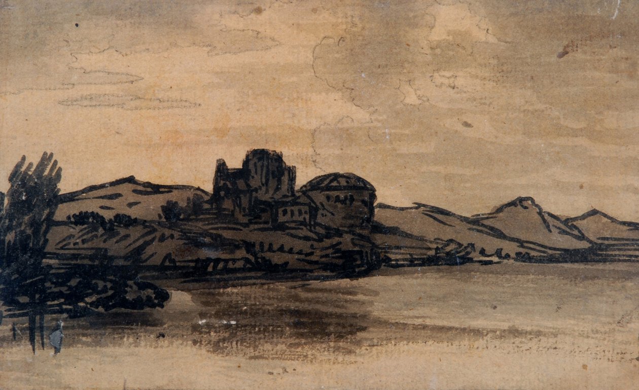 Italienskt landskap med kupolformad byggnad (penna och tvätt på papper) av Alexander Cozens