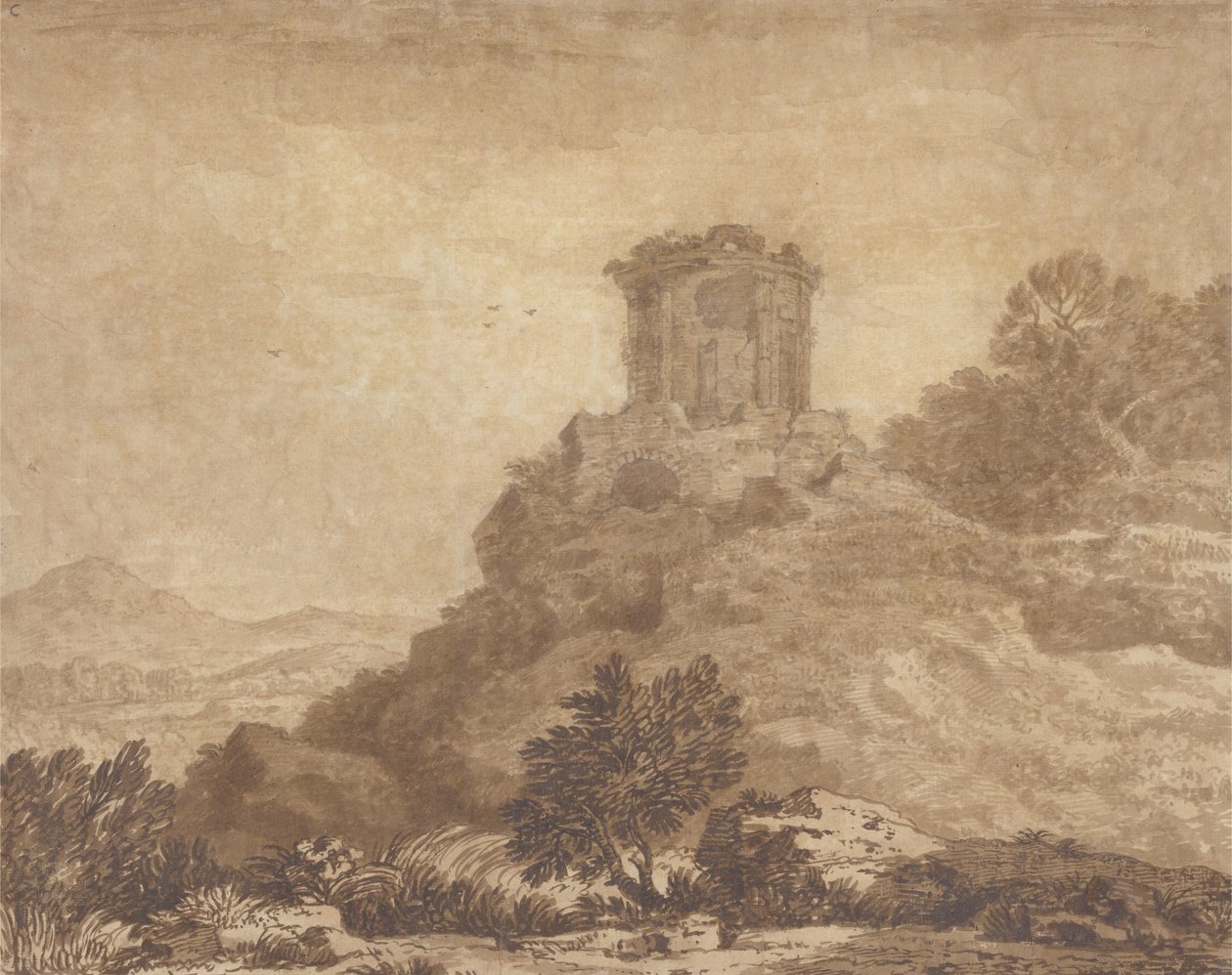 Landskap med ett ruinerat tempel, ca 1756 (grafit och tvätt på papper) av Alexander Cozens