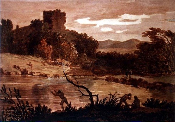 Landskap med män som badar (akvarell) av Alexander Cozens