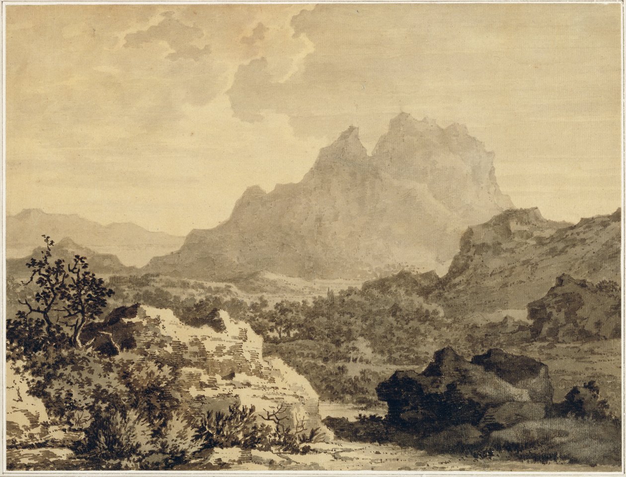 Bergigt landskap, ca 1780 (grå och brun tvätt på papper berett med brun slipad) av Alexander Cozens