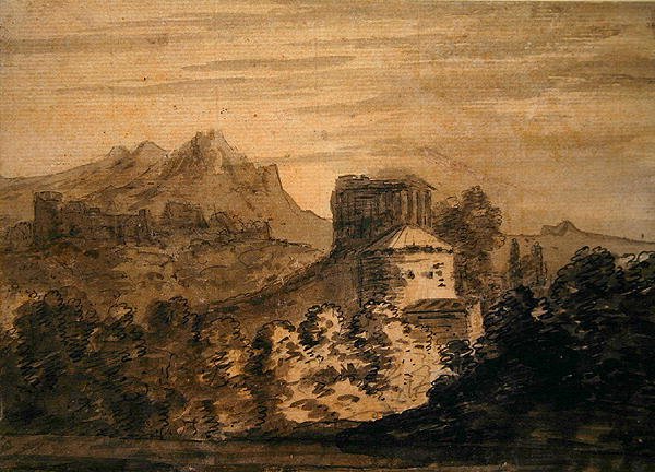Bergigt landskap med italienska byggnader (penna, penna och bläck och bläcktvätt på papper) av Alexander Cozens