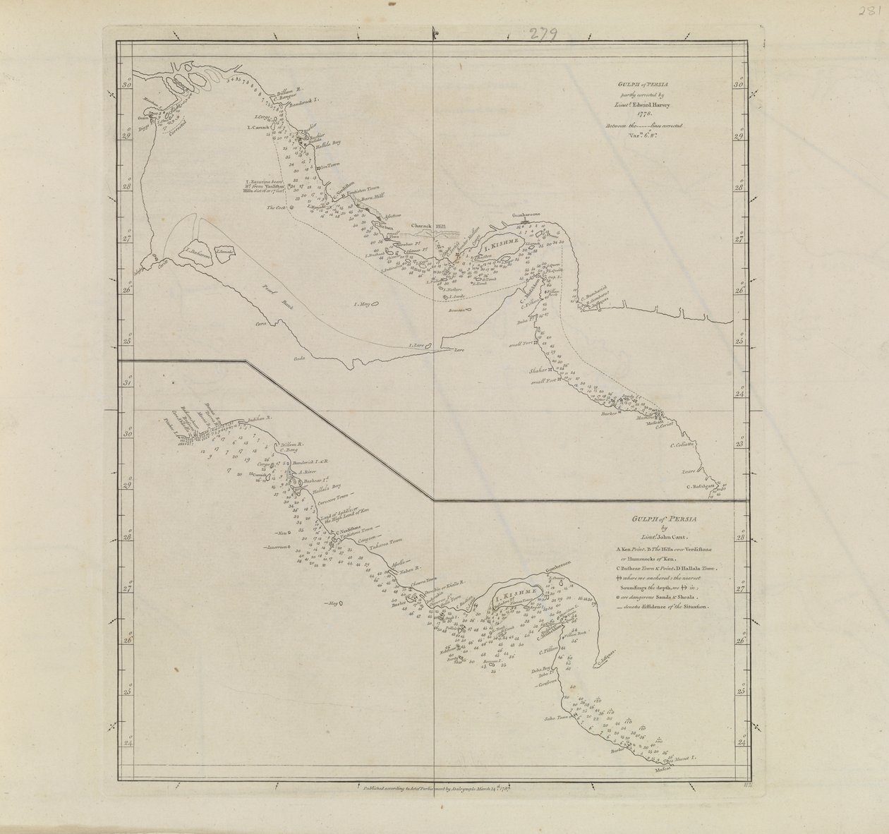 Plans of Ports, Dalrymple, Alexander publicerad 1791 ID-nummer 41167-2001 En plankarta över en del av Persiska viken, delvis korrigerad av löjtnant Edward Harvey 1778 av Alexander Dalrymple