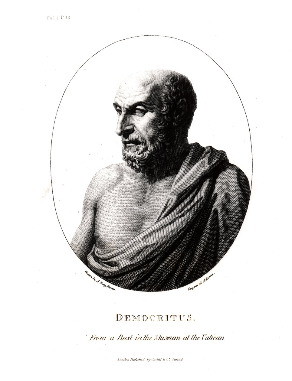 Demokrit (c.460-c.370 f.Kr.), graverad från en byst i Vatikanmuseet av Alexander Day