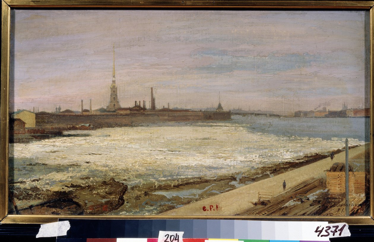 Isdrift på floden Neva i Sankt Petersburg (Isdrift i St Petersburg). I bakgrunden katedralen Sankt Peter och Paulus och fästningen. Målning av Alexander Dmitrievich Litovchenko (Litovchenko) (1835-1890), olja på duk av Alexander Dimitrievitch Litovtchenko
