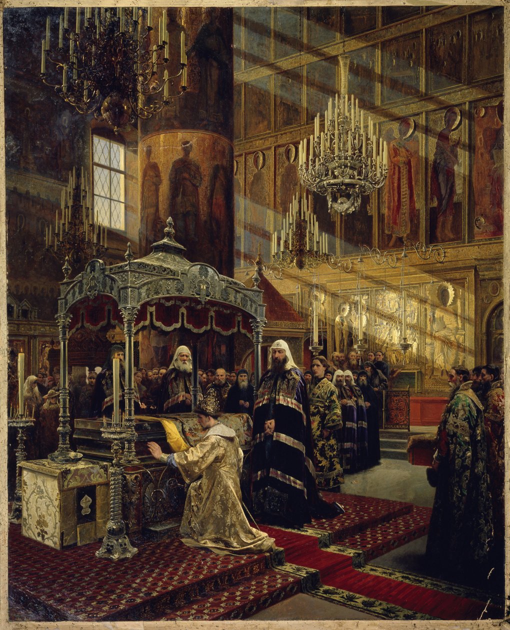 Tsar av Ryssland Alexis I Mikhailovitch, känd som den mycket fredliga tsaren (1629-1676) och patriarken Nicon (1605-1681) på kistan till Filip I, Metropoliten i Moskva (tsar Alexei I Michailovich och patriarken Nikon vid Filip I:s kista , Metropolitan av Alexander Dimitrievitch Litovtchenko