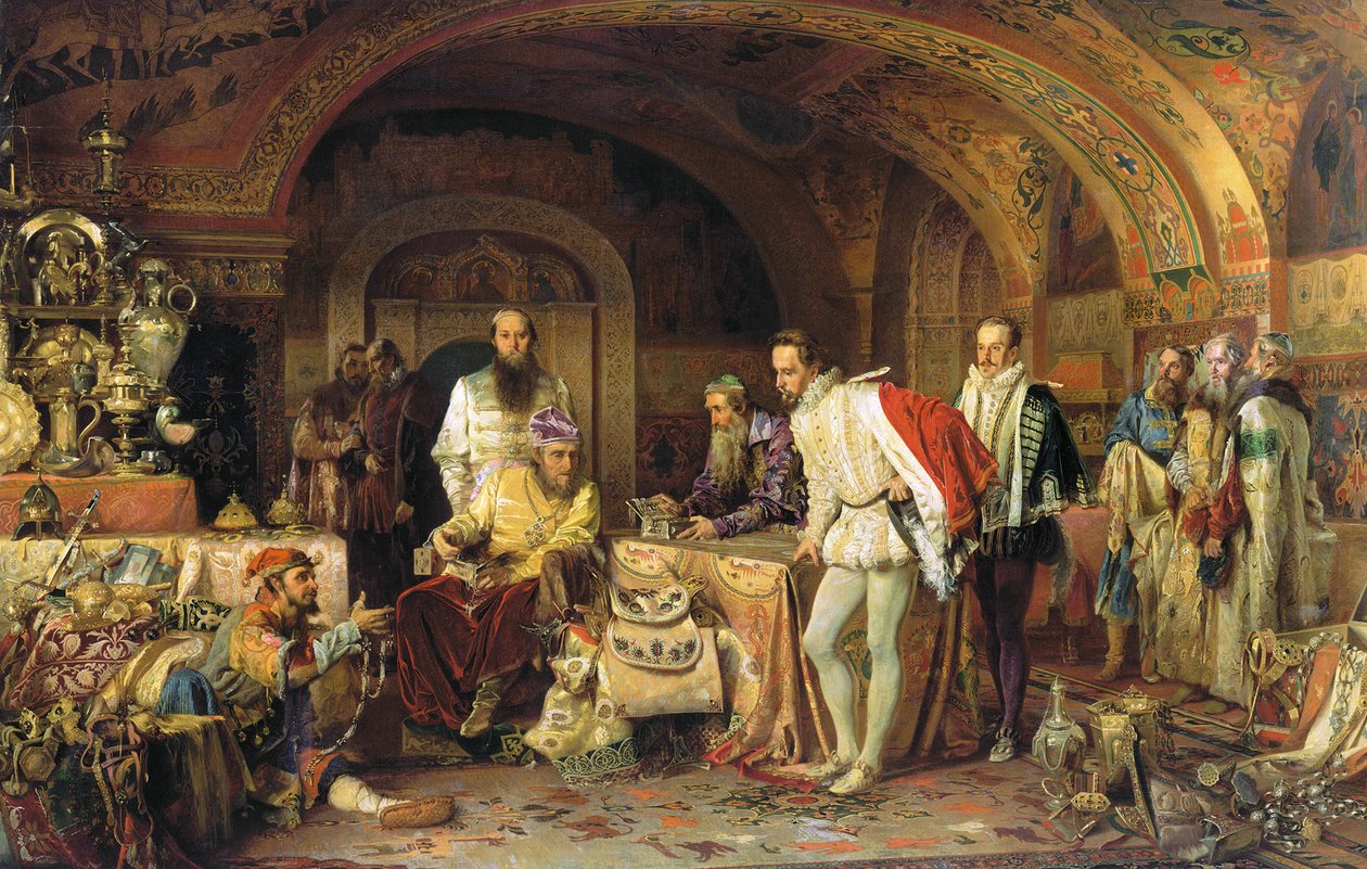 Ivan IV av Ryssland visar sina skatter för ambassadören för drottning Elizabeth I av England, 1875 av Alexander Dmitrievich Litovchenko