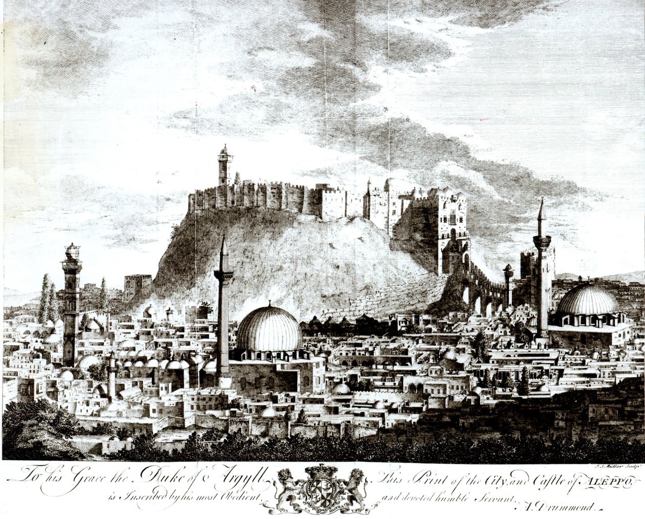 Utsikt över staden och slottet i Aleppo, Syrien, 1754 av Alexander Drummond