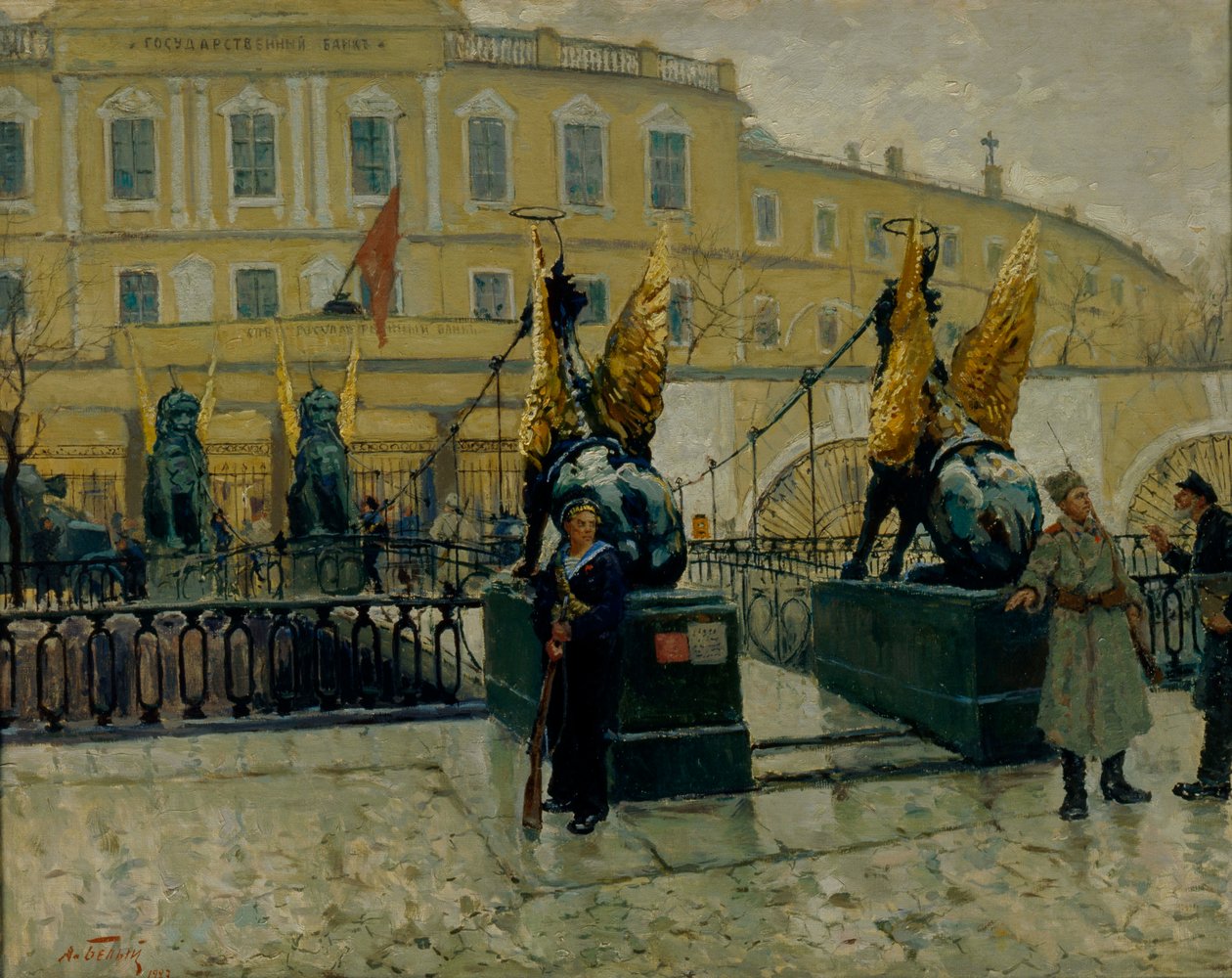 Revolutionära sjömän som bevakar Petrograd State Bank, 1927. av Alexander Fyodorovich Bely