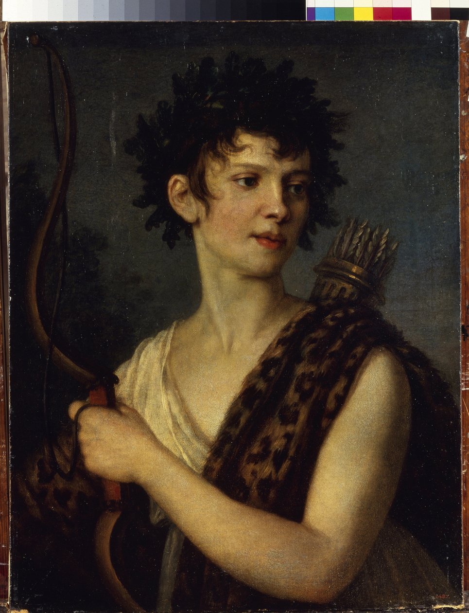 Porträtt av skådespelerskan och ballerinan Evgenia Kolosova (1782-1869). (Porträtt av skådespelerskan och balettdansösen E. Kolosova). Avbildad med en båge och bärande ett koger fyllt med pilar, krönt med eklöv och klädd i leopardskinn. pei av Alexander Grigoryevich Vanek