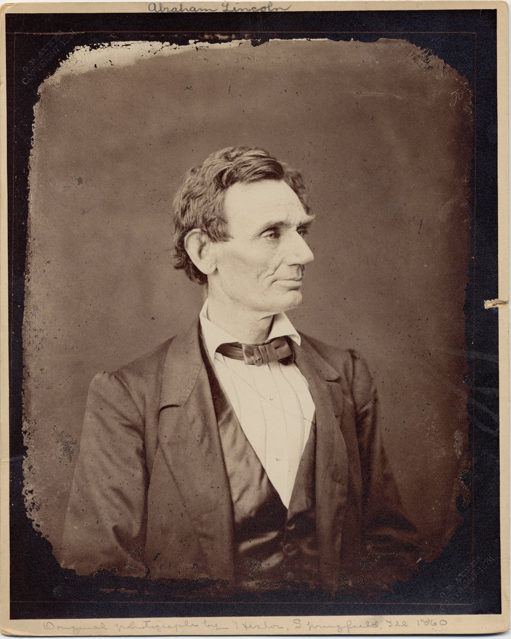 Abraham Lincoln (1809-65), USA:s 16:e president, kopia tryck efter foto av Alexander Hesler, 1860 (albumfoto) av Alexander Hesler