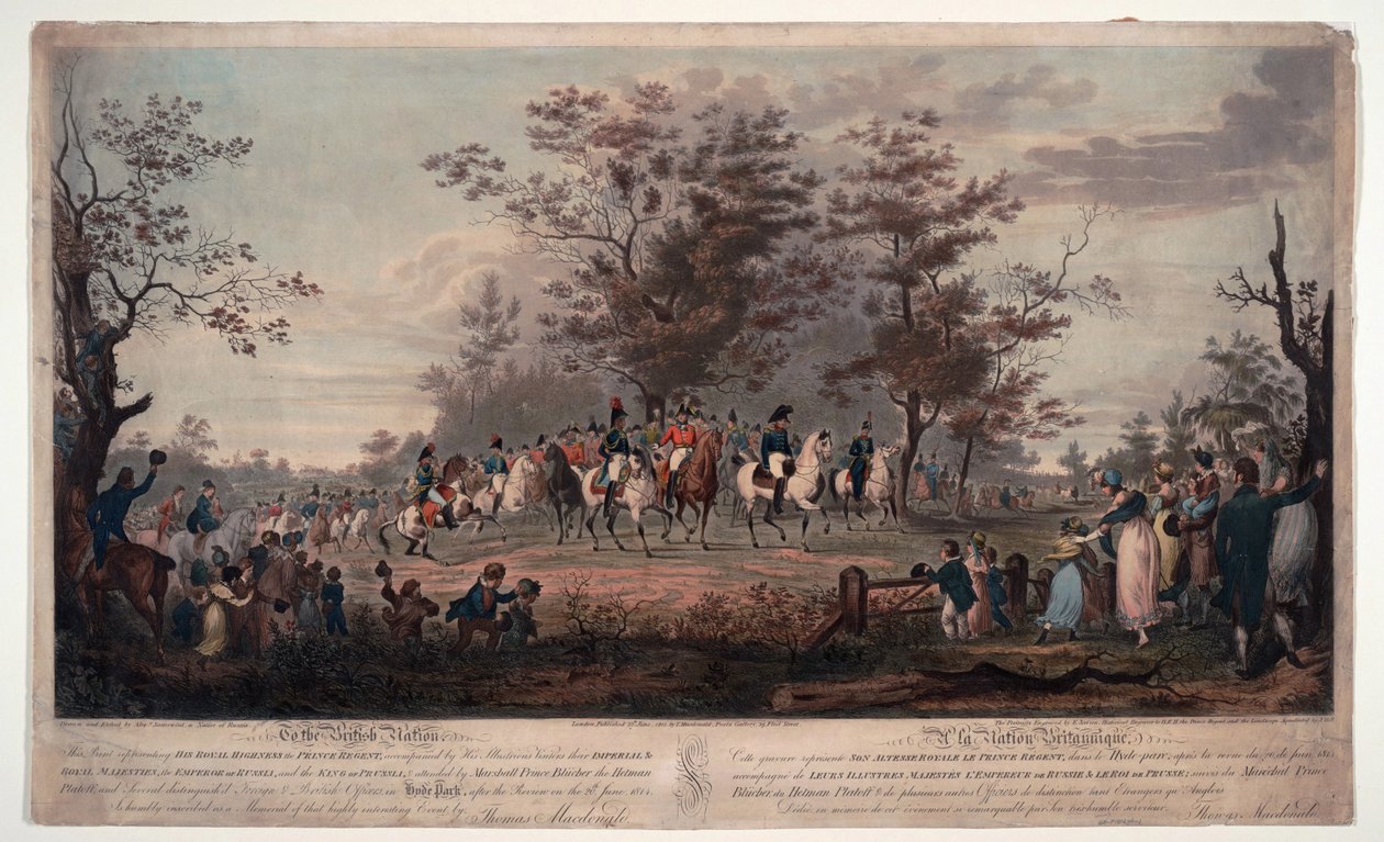 Frederic Guillaume (Frederic-Guillaume) III av Preussen (1770-1840) - De allierade suveränerna passerar under granskning i Hyde Park 1814 - Prins Regent, William III av Preussen, Alexander I (Alexander I av Ryssland av Alexander Ivanovich Sauerweid