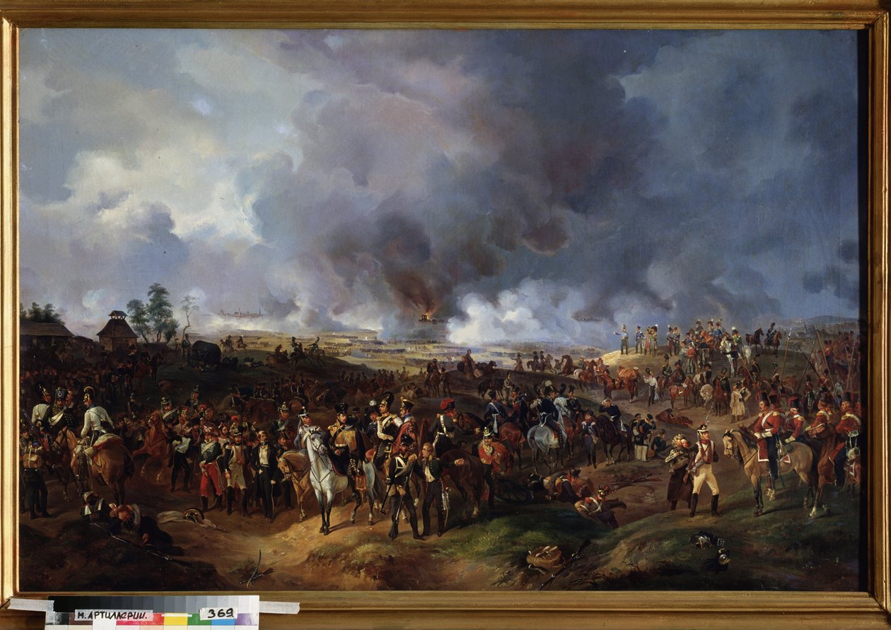 Nationernas strid vid Leipzig (Tyskland), oktober 1813. (Eller slaget vid Leipzig, avsnitt av Napoleonkrigen, under det tyska fälttåget (1813). Målning av Alexander Ivanovich Sauerweid (1783-1844), olja på duk av Alexander Ivanovich Sauerweid