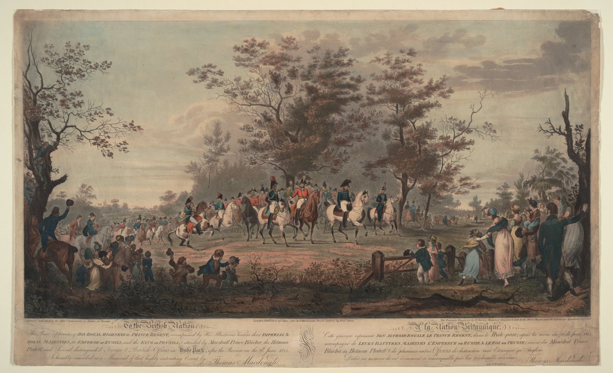 Prins Regent, Vilhelm III av Preussen, Alexander I, General Blücher och Hetman Platov granskar trupperna av Alexander Ivanovich Sauerweid