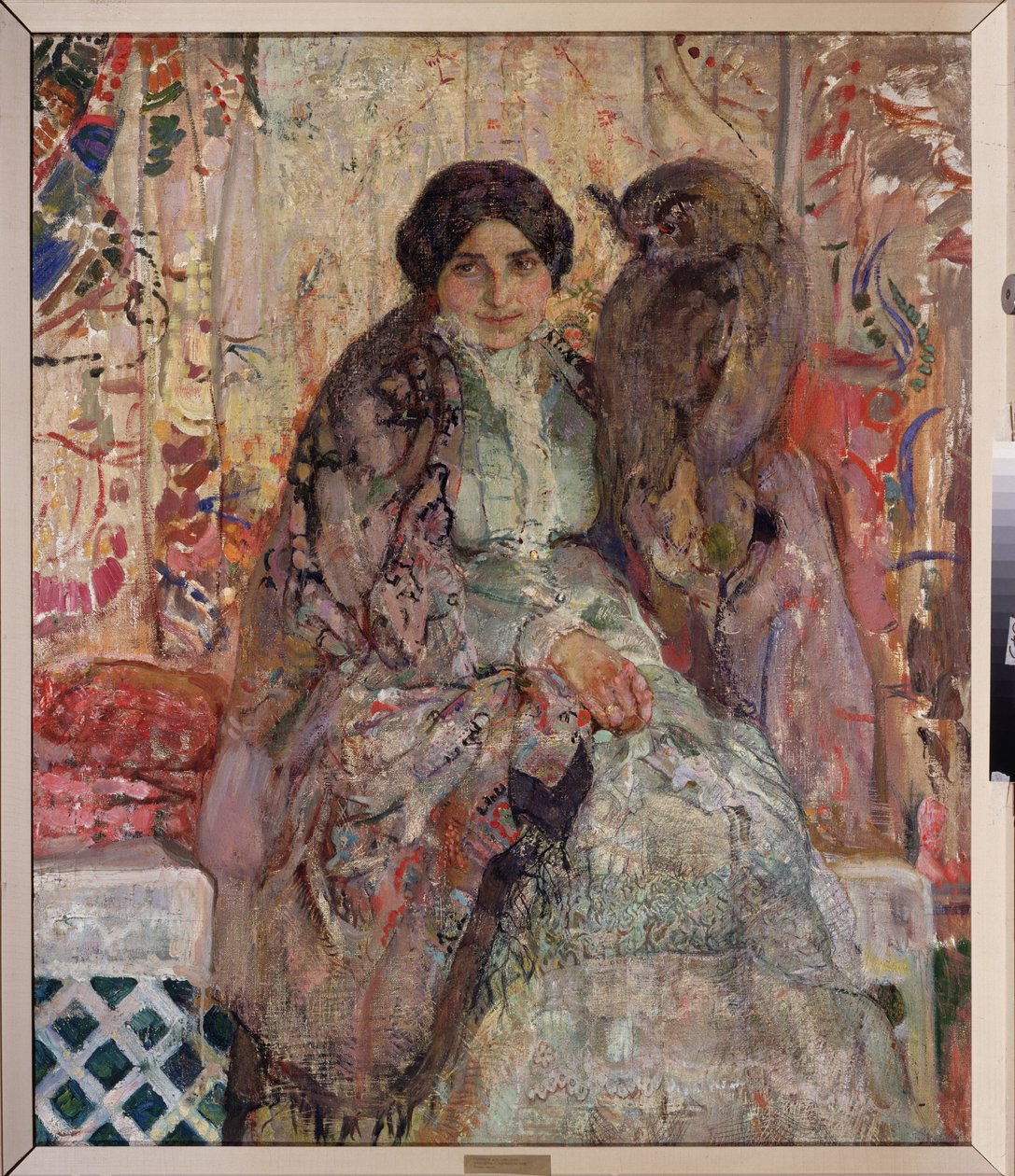 Kvinna med en örnuggla. Målning av Alexander Ivanovich Savinov (1881-1942), olja på duk av Alexander Ivanovich Savinov