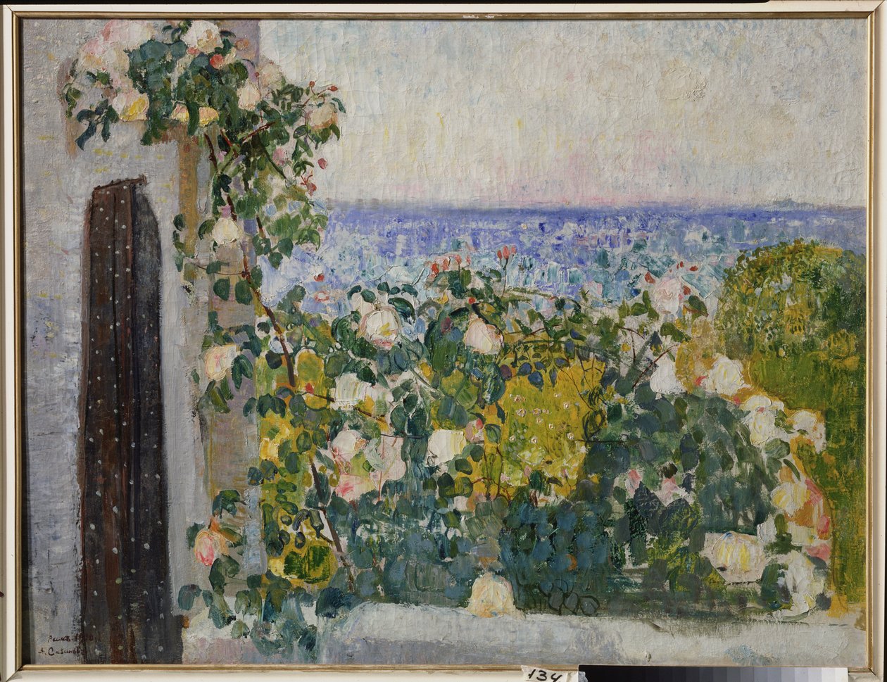 Blommor på balkongen i Rom (Italien). Målning av Alexander Ivanovich Savinov (1881-1942), olja på duk av Alexander Ivanovich Savinov