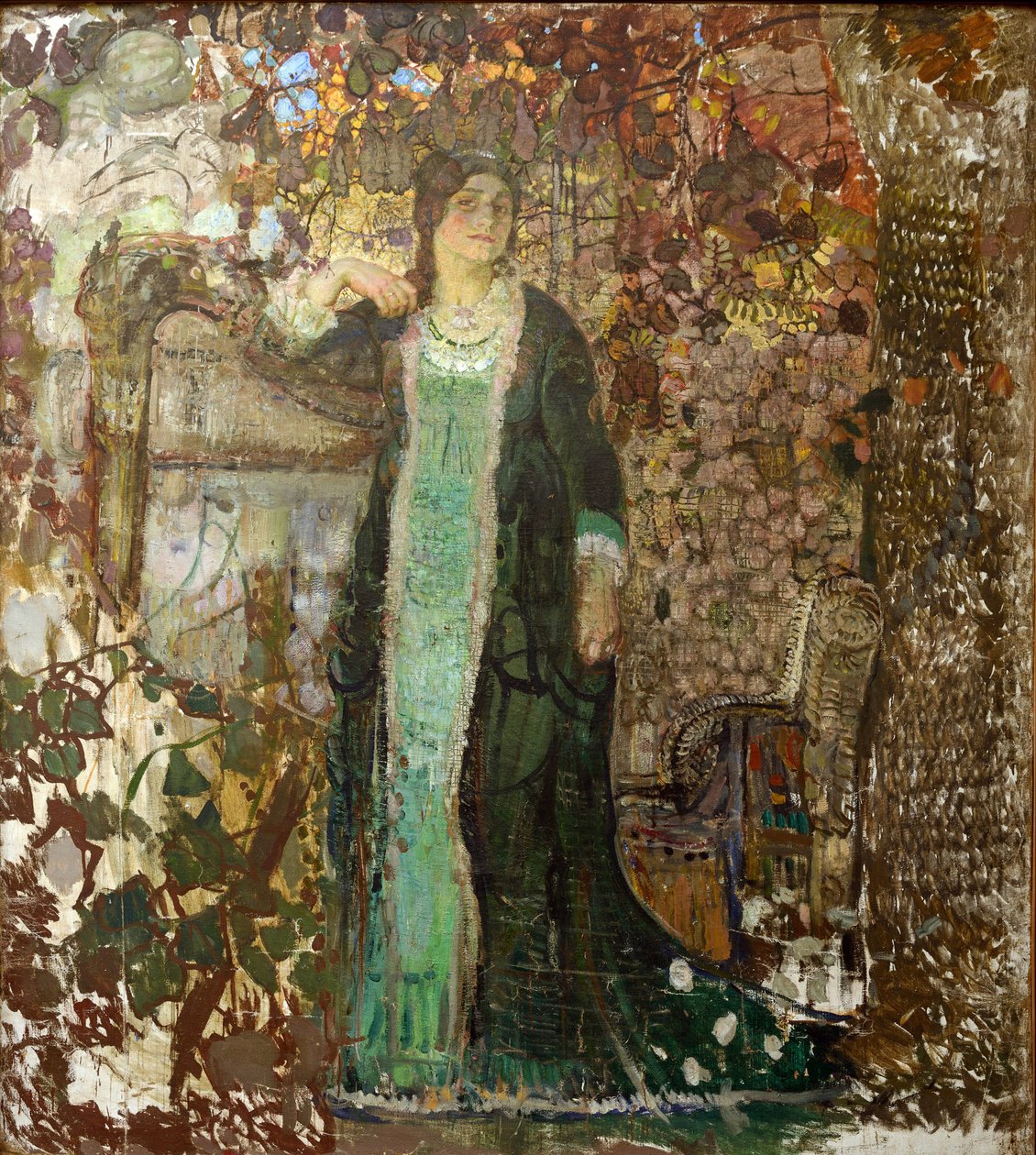 Harpist. Porträtt av Tatiana Sergeevna Bartseva (1886-1984) av Savinov, Alexander Ivanovich (1881-1942) av Alexander Ivanovich Savinov