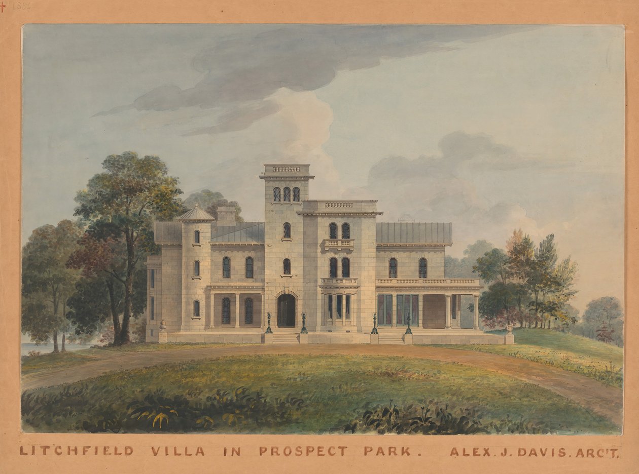 Grace Hill för Edwin C. Litchfield, Brooklyn, New York fronthöjd, 1854. av Alexander Jackson Davis