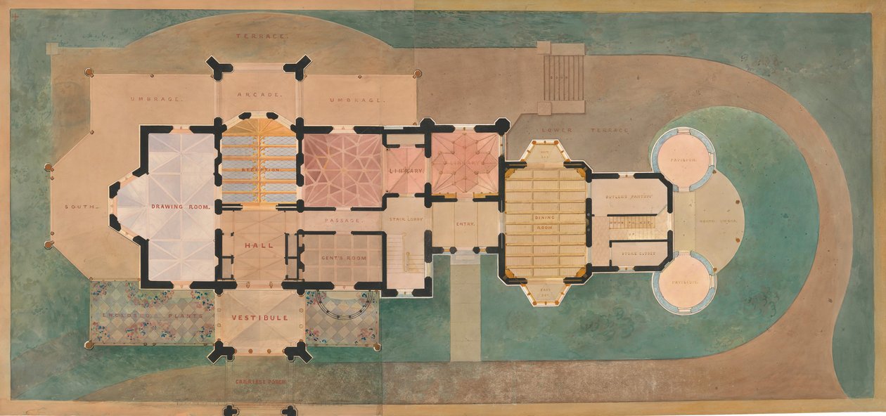 Lyndhurst för George Merritt, Tarrytown, New York, planlösning, 1865. av Alexander Jackson Davis